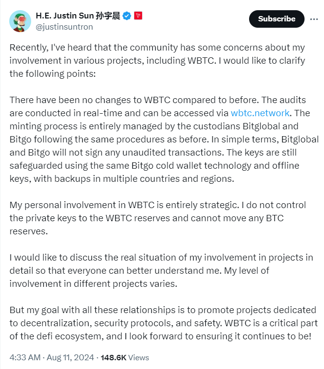 Justin Sun 入局 WBTC 为何市场反响如此强烈？